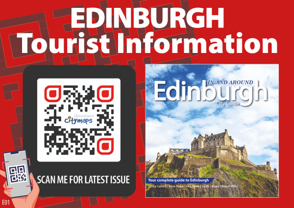QR Code on an Edinburgh Tourist Information poster prompting people to scan for the latest issue of Downtown citymaps.