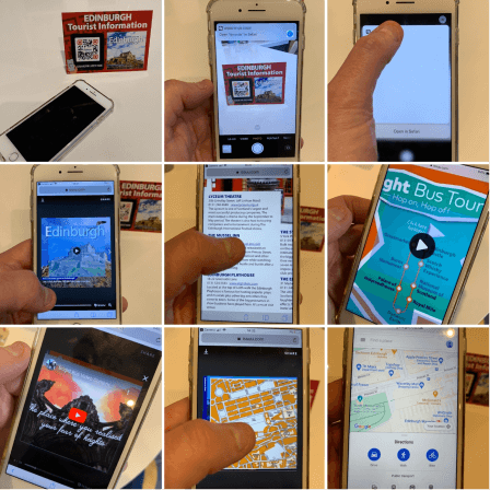 A person scans the Downtown CityMaps Edinburgh QR Code and looks at the information available in the guide on a mobile device.