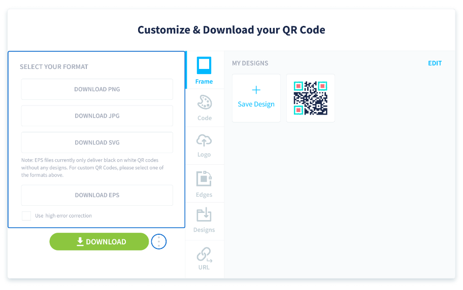 A screenshot of the Customize and Download function from QR Code Generator.