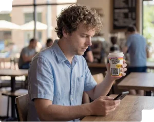 A person scanning a QR code on a coffee cup with their smartphone at a café