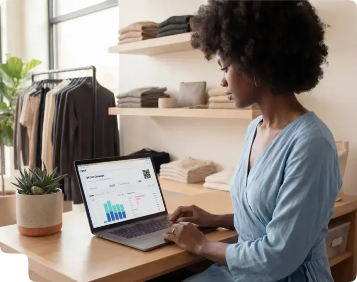 Woman reviewing QR code campaign performance dashboard on laptop inside a small retail clothing store