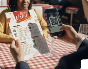 A person scanning a QR code on a restaurant menu with their smartphone