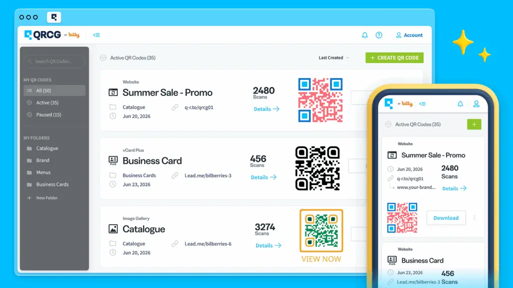 QRCG by Bitly QR code management dashboard shown on desktop and mobile, displaying active QR codes with scan counts for campaigns like Summer Sale Promo and Business Card