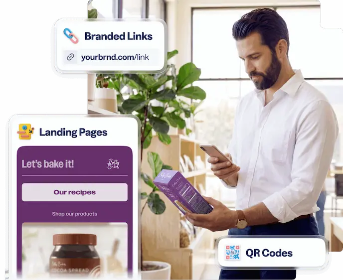 A man scanning a product package with his phone, with Bitly features highlighted including branded links, QR codes, and landing pages