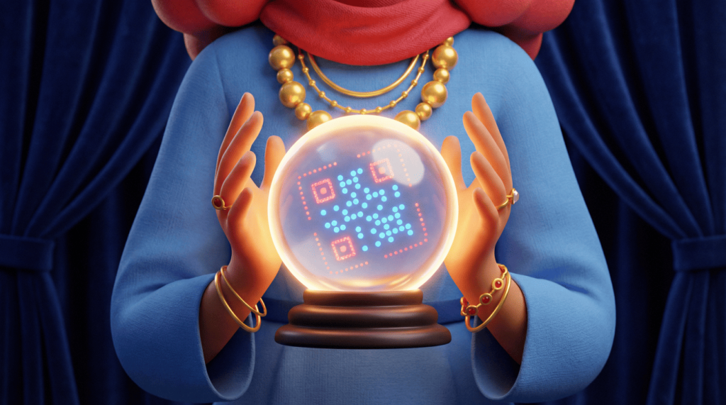 A fortune teller holding a magic glass bowl with QR Code.
