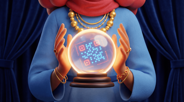 A fortune teller holding a magic glass bowl with QR Code.