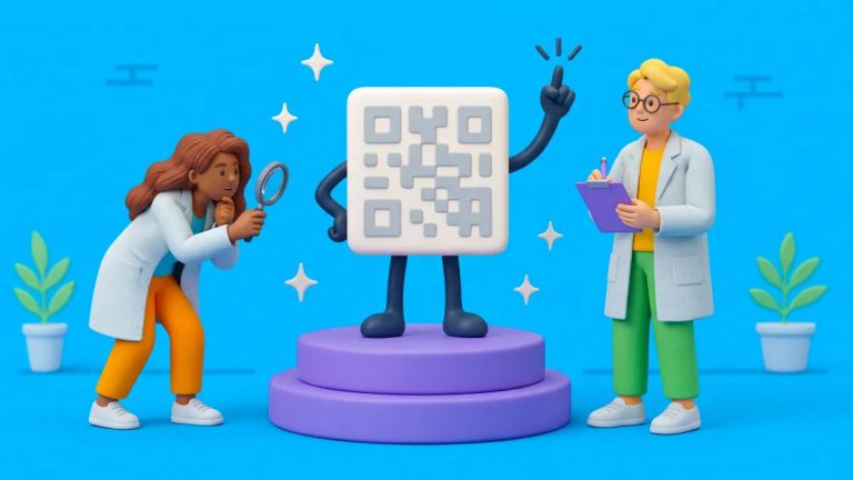 3D illustrated characters studying a large animated QR code on a purple pedestal. On the left, a person in a lab coat leans in with a magnifying glass. On the right, another person in a lab coat takes notes. Bright blue background with sparkle accents and potted plants.