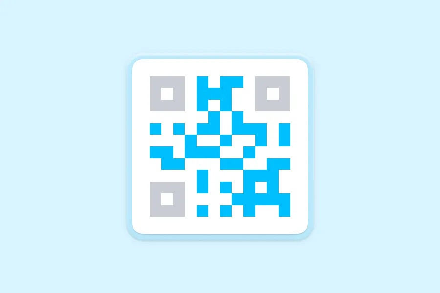 A QR code with a square pixel pattern and blue data modules on a white background, displayed on a light blue surface with rounded card styling.