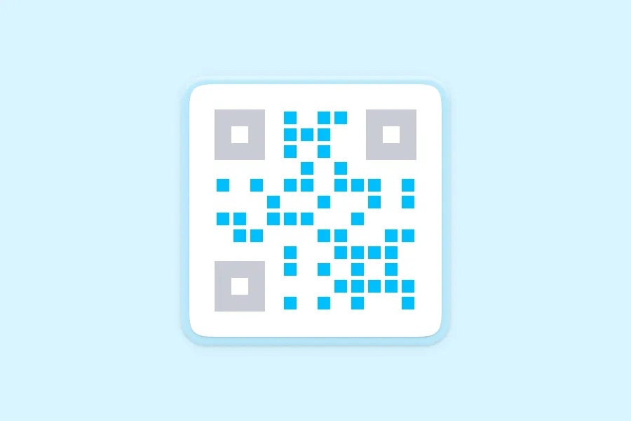 A QR code with small individual blue square dots arranged in a data pattern on a white background, displayed on a light blue surface with rounded card styling.