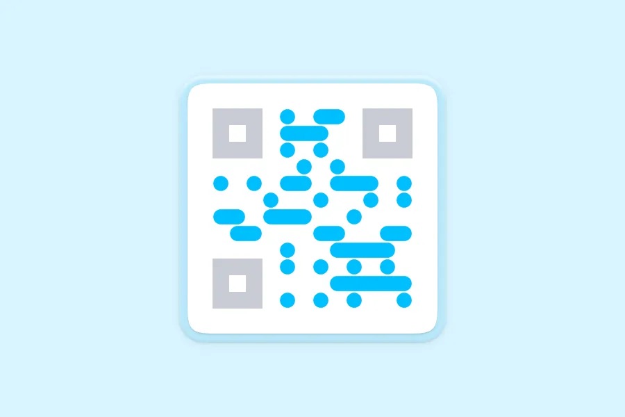 A QR code with rounded pill-shaped blue data modules on a white background, displayed on a light blue surface with rounded card styling.