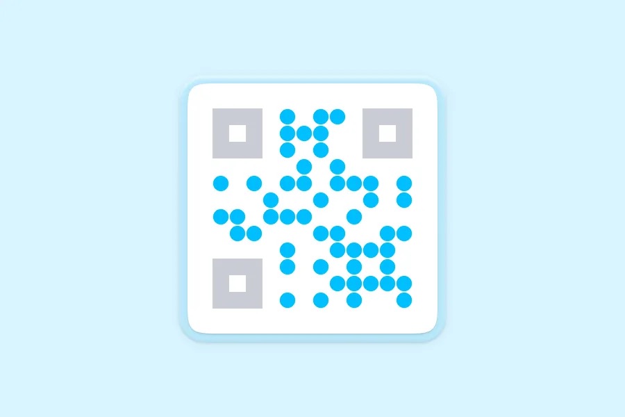 A QR code with circular blue dot data modules on a white background, displayed on a light blue surface with rounded card styling.