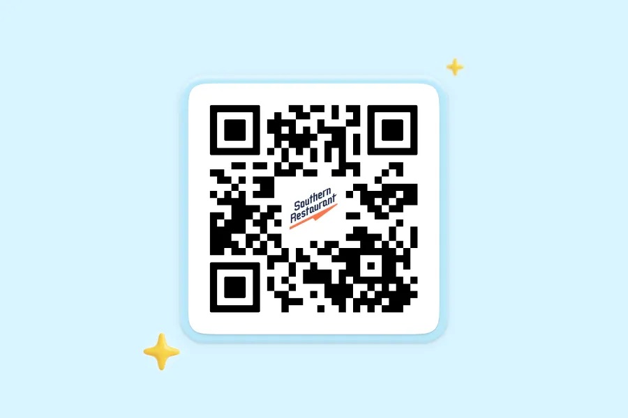 A black-and-white QR code with the Southern Restaurant logo embedded in the center, displayed on a white card with a light blue background and gold sparkle accents.