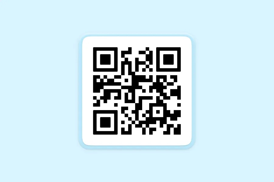 A standard black-and-white QR code with no embedded logo, displayed on a white card with a light blue background.