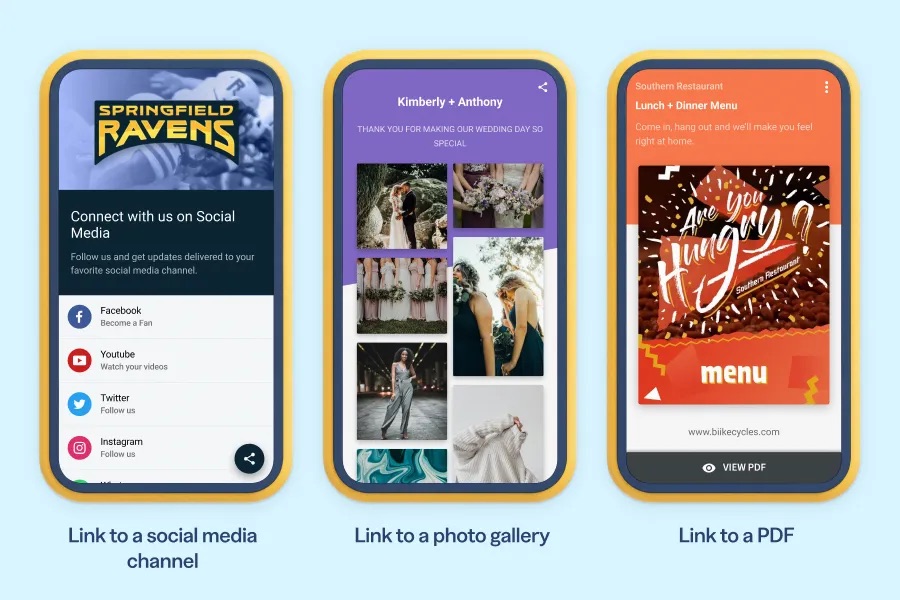 Three smartphone mockups showing different QR code destination types. Left: a social media link page for Springfield Ravens with icons for Facebook, YouTube, Twitter, and Instagram. Center: a photo gallery page for a wedding (Kimberly + Anthony). Right: a PDF viewer for a Southern Restaurant lunch and dinner menu.